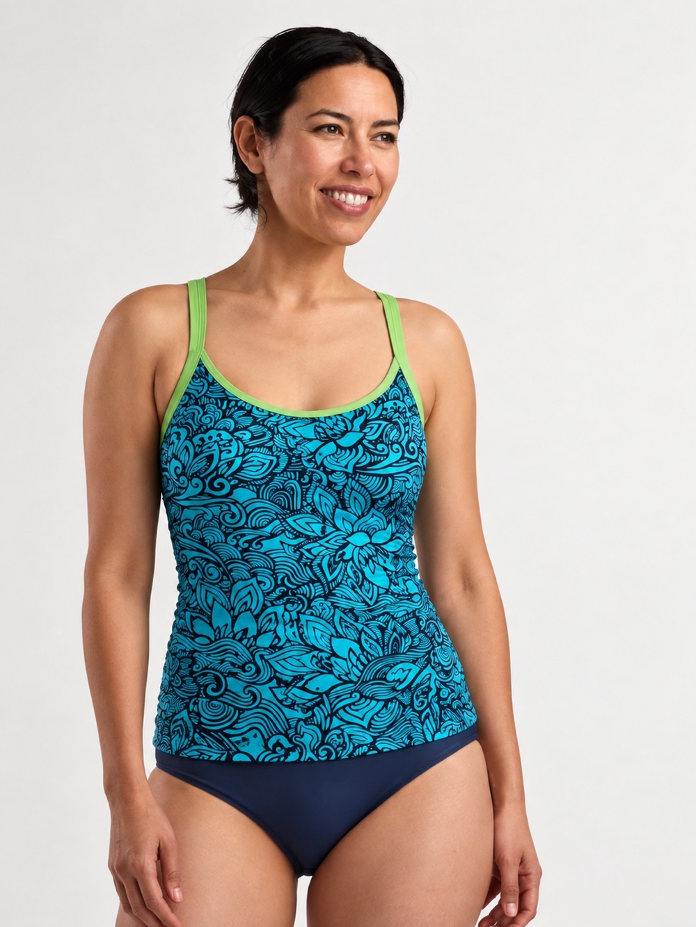 Title Nine by Carve Designs Printed Tankini Swim Top – Turquoise/Lime – Size Med
